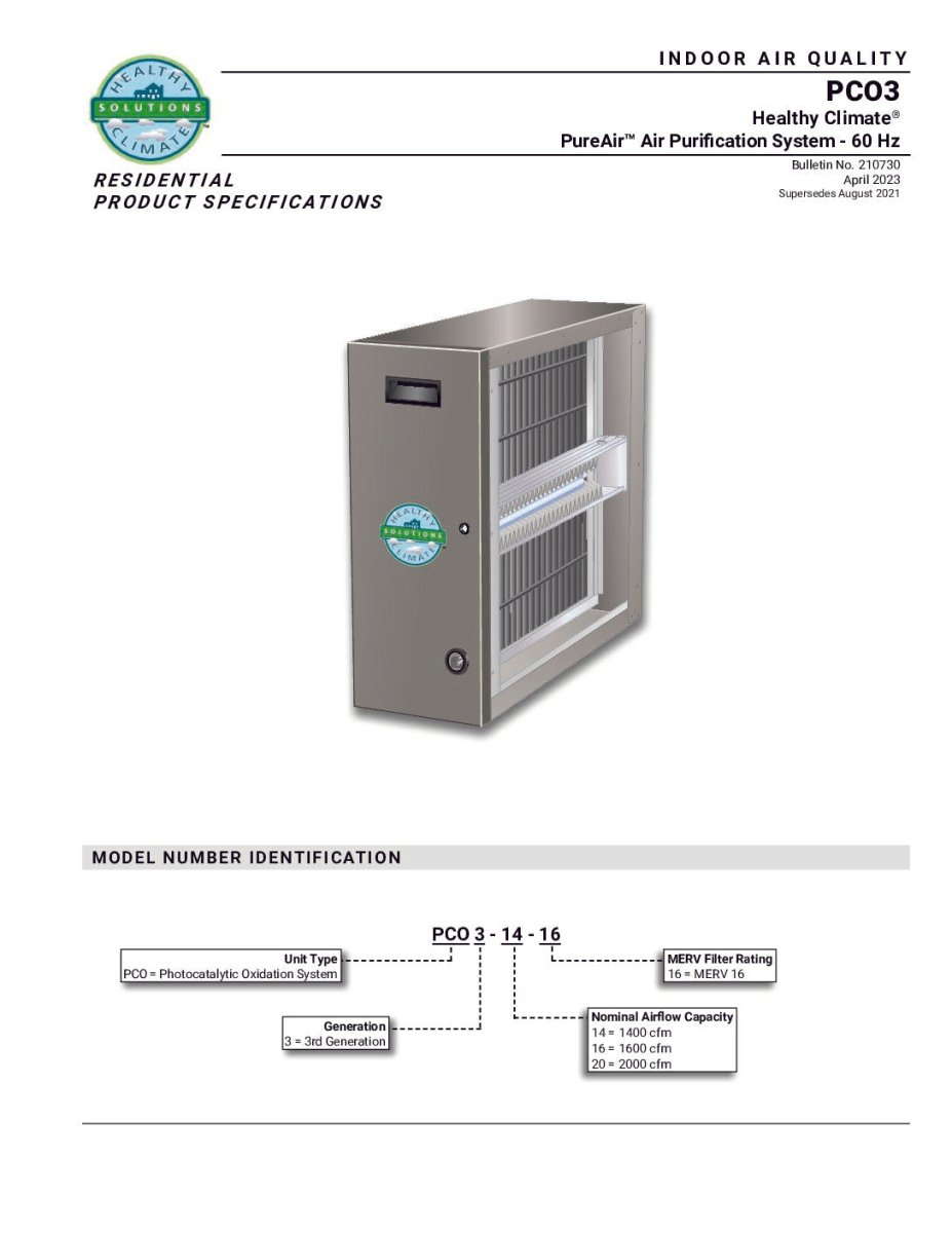 Lennox Y6598 PCO3 PureAir System - 1600CFM - Impressive Climate Control
